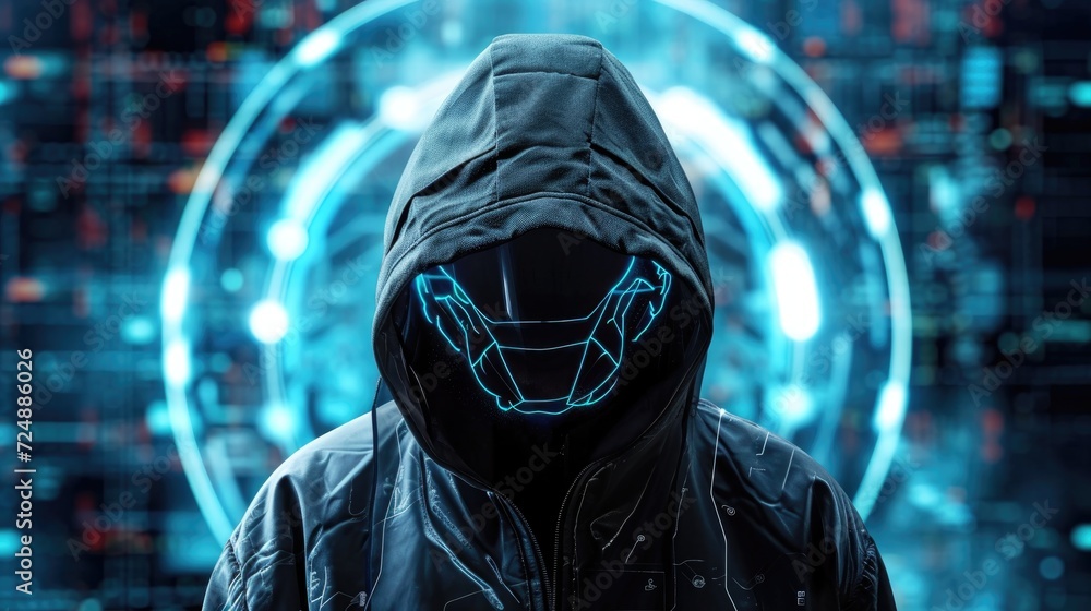 Poster hooded hacker with glowing face on digital background. hacking concept