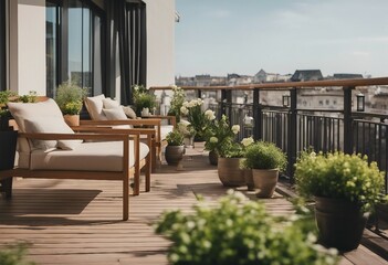 Beautiful of modern terrace with wood deck flooring and fence green potted flowers plants and outdoo