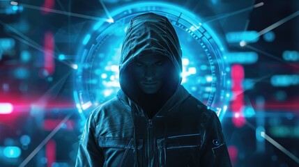 Hooded hacker with glowing digital background. Hacking and malware concept