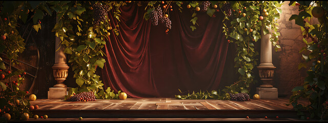 a stage is in front of fruits and vines in - obrazy, fototapety, plakaty