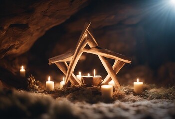 Christian Christmas scene with empty wooden manger star of Bethlehem in cave Birth of Jesus Christ n - obrazy, fototapety, plakaty