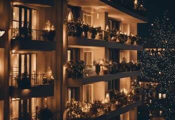 Festive balcony decoration for Christmas and New Year Modern residential apartment building balcony