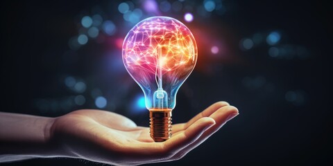 Artificial Intelligence. AI, machine learning, Abstract, Hand of robotic holding Glowing colorful brain circuit  light bulb on big data processing, deep learning, innovation Science and technology