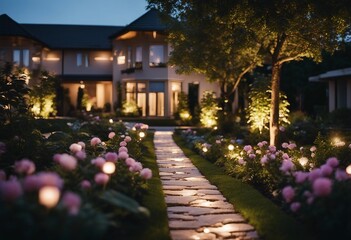 Modern gardening landscaping design details Illuminated pathway in front of residential house Landsc