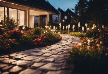 Modern gardening landscaping design details Illuminated pathway in front of residential house Landsc