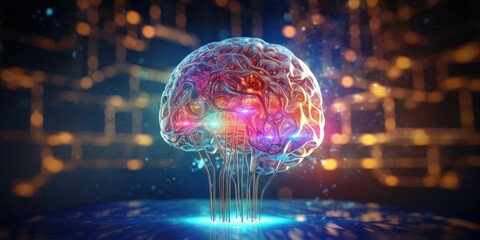 Artificial Intelligence. AI, machine learning, Abstract, Hand of robotic holding Glowing colorful brain circuit  light bulb on big data processing, deep learning, innovation Science and technology