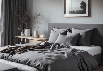Modern house interior details Simple cozy bedroom interior with gray bed headboard linen bedding bed
