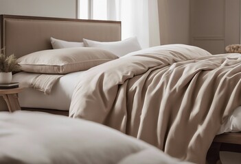 Fototapeta na wymiar Modern house interior details Simple cozy beige bedroom interior with bed headboard linen bedding be