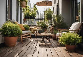 Fototapeta na wymiar Modern terrace with wood deck flooring and fence green potted flowers plants and outdoors furniture