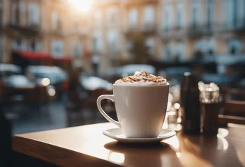 Foto op Plexiglas Morning coffe White cup of coffee on table in outdoors cafe with blurred city street background © ArtisticLens