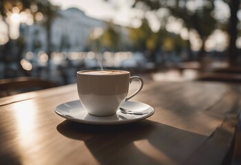 Morning coffe White cup of coffee on table in outdoors cafe with blurred city street background - obrazy, fototapety, plakaty