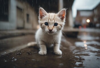 Sad abandoned hungry kitten sitting in the street under rain Dirty little stray kitty cat outdoors P