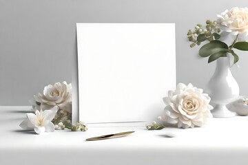 a white blank space card mockup for greetings, table numbers, and wedding invitations on a wedding table setting background