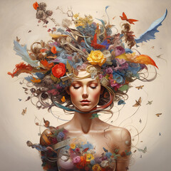 Abstract contemporary art collage portrait of young woman with flowers on face