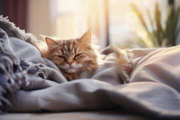 Cat is sleeping on fluffy duvet. Comfortable sleep in modern bedroom. Cute pet has a nap on couch. Tranquil scene with domestic animal. - 724887230