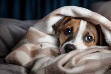 Close up portrait of jack russell terrier. Cute puppy hides under fluffy wool duvet for privacy and warmth. Pet waits for it's master from office work. Dog in bedroom. - 724887232