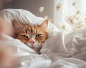 Ginger cat sleeps on duvet. Comfortable sleep on white linen in bedroom. Cute pet has a nap in bed. Tranquil scene with domestic animal and flowers on blurred background. - 724887279