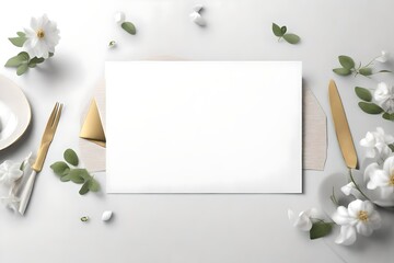 a white blank space card mockup for greetings, table numbers, and wedding invitations on a wedding table setting background
