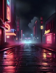3D rendering old wet asphalt neon lights street with smoke on black background Generative AI