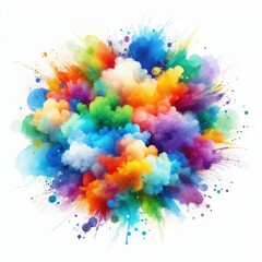 A vibrant and colorful splash of watercolors with various colors including green, blue, yellow, orange, red, and purple blended together creating a beautiful mix on a white background.