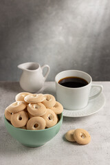 Coconut biscuit. Shortbread coconut cookies in bowl.