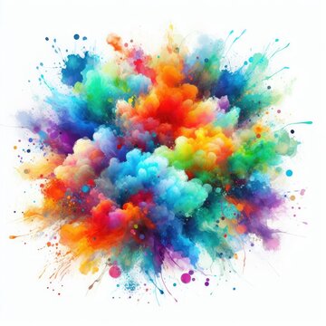 A vibrant and colorful splash of watercolors with various colors including green, blue, yellow, orange, red, and purple blended together creating a beautiful mix on a white background.