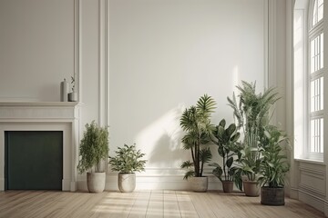 Realistic, lovely green houseplants in a corner of a white living room with a high ceiling, a traditional gypsum wall frame panel, and a wooden parquet floor. Mockup, Overlay, Mockup, and Background