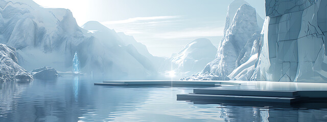 a stage with ice and snowy mountains and lake in the  - obrazy, fototapety, plakaty