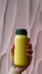 a hand holding a matte yellow water bottle  