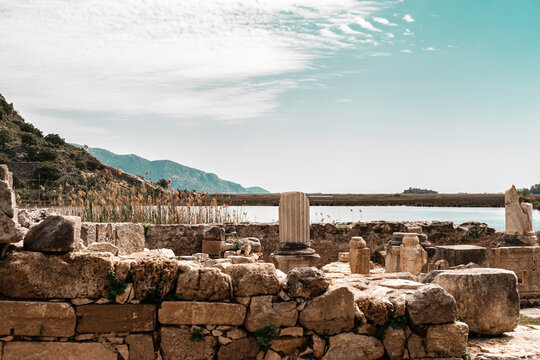 Ruins of Kaunos city ancient ruins , amazing natural habitat open air museam, lake landscape