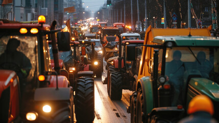 Many tractors blocked city streets and caused traffic jams in city. Agricultural workers protesting against tax increases, changes in law, abolition of benefits on protest rally in street