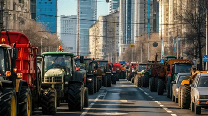 Crédence de cuisine en verre imprimé TAXI de new york Many tractors blocked city streets and caused traffic jams in city. Agricultural workers protesting against tax increases, changes in law, abolition of benefits on protest rally in street