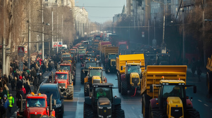 Many tractors blocked city streets and caused traffic jams in city. Agricultural workers protesting against tax increases, changes in law, abolition of benefits on protest rally in street - obrazy, fototapety, plakaty