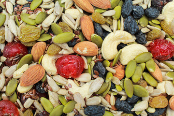 Trail mix nuts and seeds close-up view 