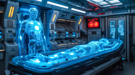 A holographic human anatomy scan over a body in a cryogenic chamber.