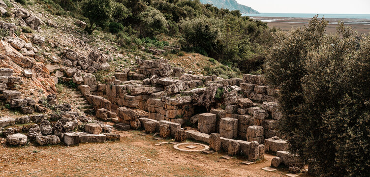 ancient city of Kaunos in Dalyan, Dalaman, Turkey, stone ruins, amphitheatre