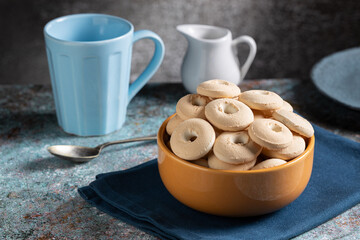 Coconut biscuit. Shortbread coconut cookies in bowl.
