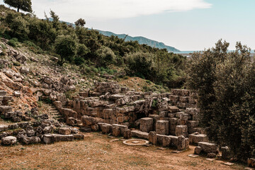 ancient city of Kaunos in Dalyan, Dalaman, Turkey, stone ruins, amphitheatre