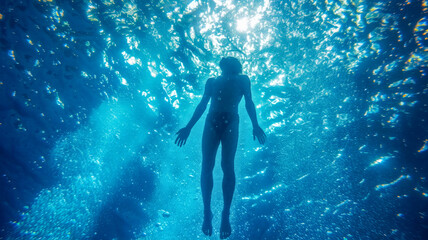 Man Snorkeling in Clear Tropical Waters. Male swimmer explores the underwater world in clear water