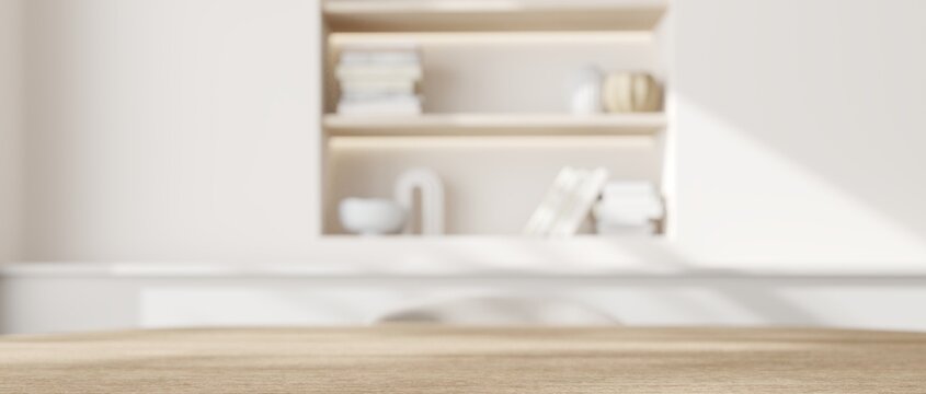 A minimalist kitchen scene focused on a wooden tabletop with a blurred background of clean white shelves adorned with books and kitchenware, bathed in soft, natural light. 3D render