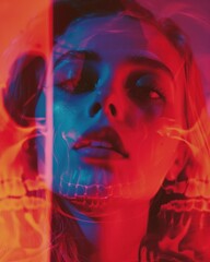 A haunting, dual-exposure portrait creates an eerie skull illusion on a woman's face with intense blue and red lighting