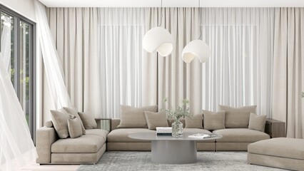 Elegant living room with plush beige sectional sofa, unique white pendant lights, sheer curtains,...