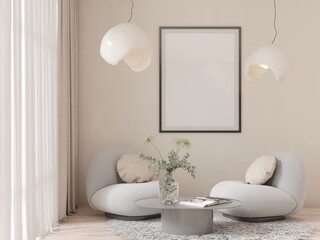 Fototapeta na wymiar Modern minimalist lounge with sculptural armchairs, organic-shaped pendant lights, framed artwork, and soft neutral tones 3D render