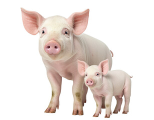 Two domestic pigs, a sow and her cute piglet, cut out