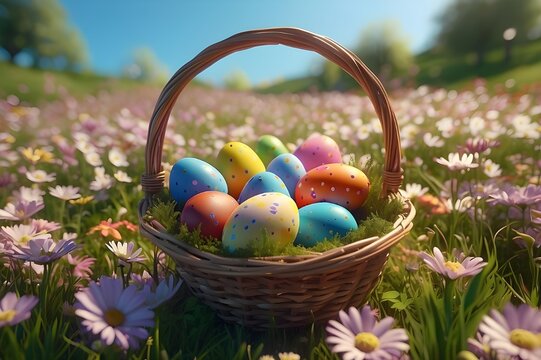 canasta de huevos de pascua en un prado de flores de colores, colorido