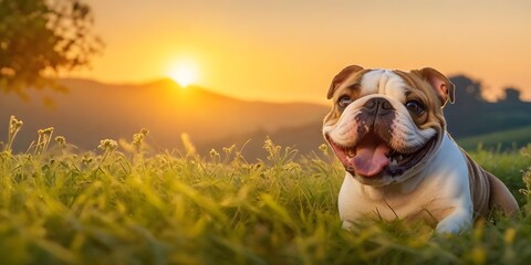 Hermoso perro de raza sonriendo, feliz al atardecer en un verde prado - obrazy, fototapety, plakaty