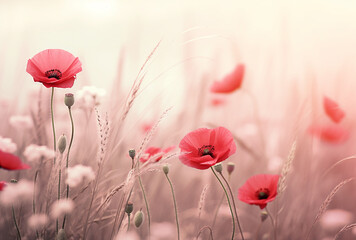Red poppies in a field close-up atmospheric photo
Generation AI