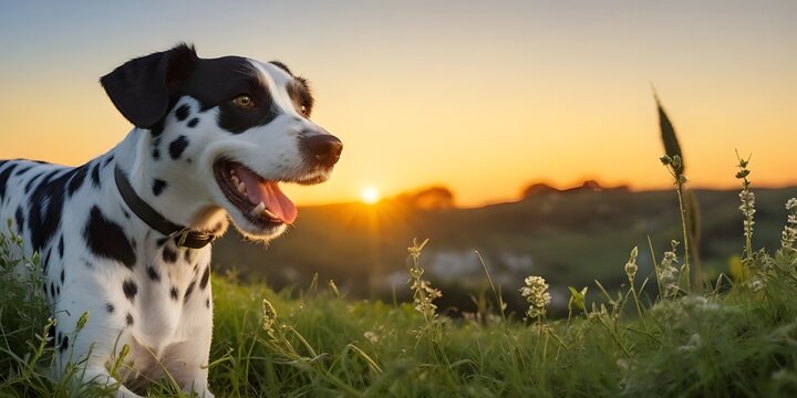 Hermoso perro de raza sonriendo, feliz al atardecer en un verde prado