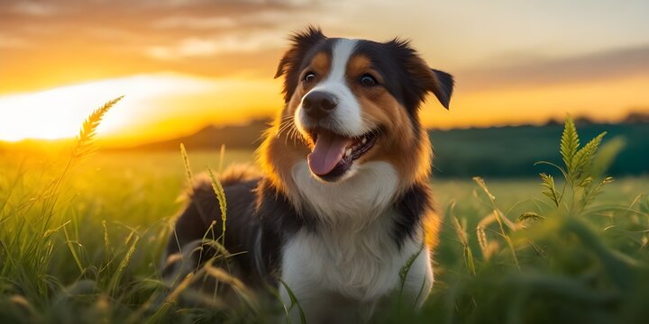 Hermoso perro de raza sonriendo, feliz al atardecer en un verde prado