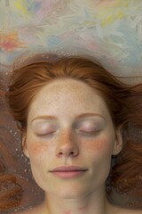 Redhead with serene expression lies with eyes closed, against a painterly, pastel background